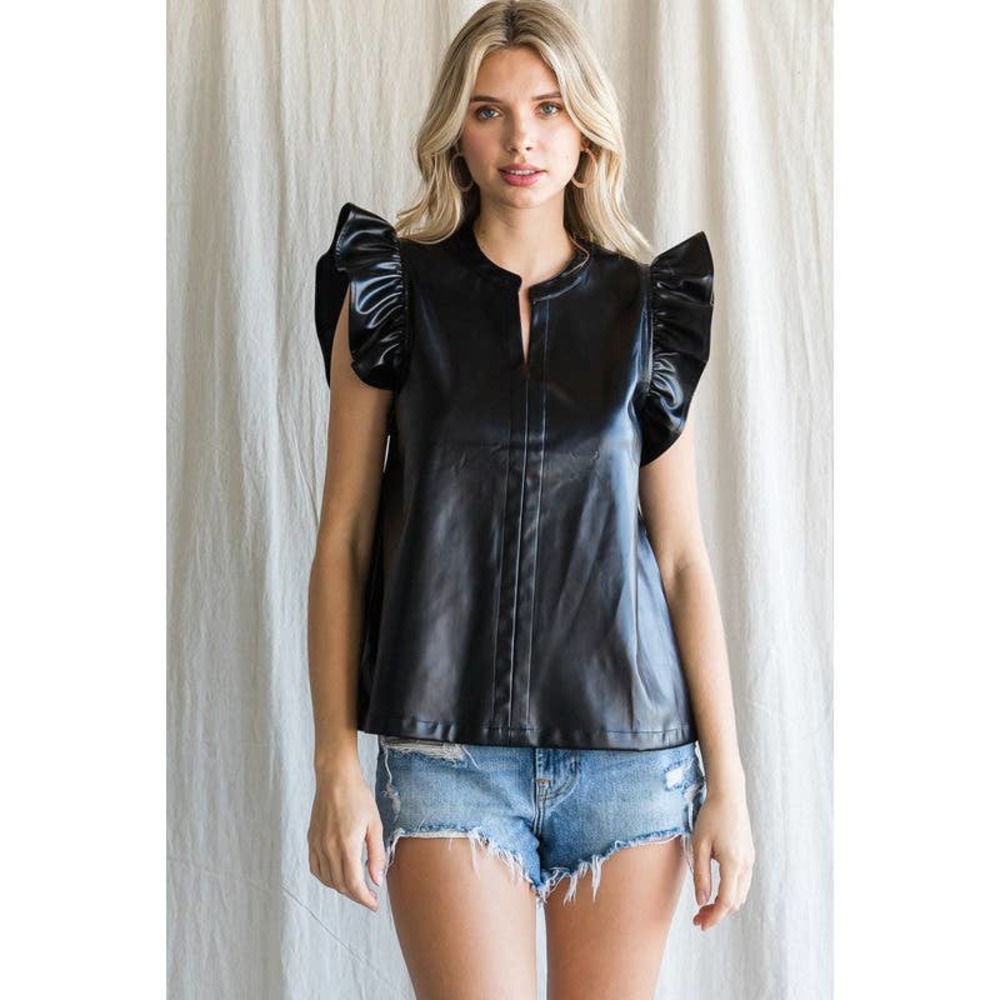 JODIFL Black Faux Leather Ruffle-Sleeve Blouse